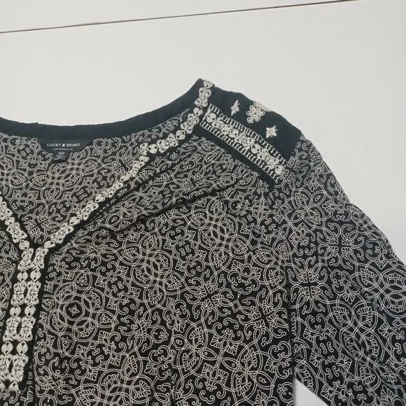 Lucky Brand Womens S Boho High Low Split Back Black Embroidered Paisley Shirt - Picture 9 of 12